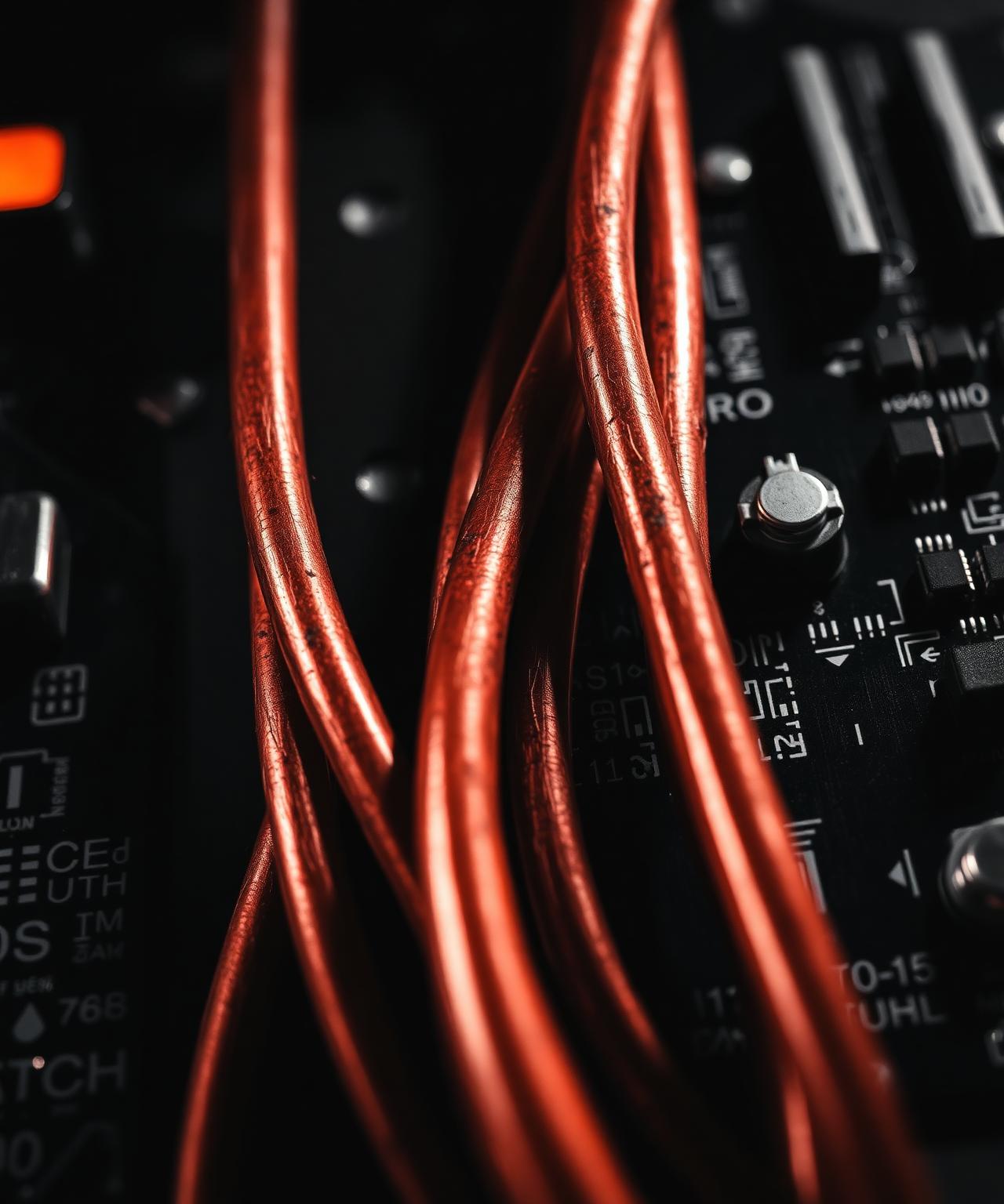 Macro of copper wires fused into a circuit board for CallToo